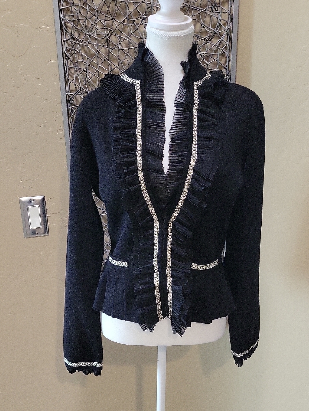 White House Black Market Black Ruffled Knit Jacket with Trim